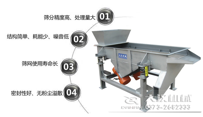 1016型直線振動篩特點(diǎn)：1，篩分精度高，處理量大。2，結(jié)構(gòu)簡單，耗能少，噪音低，3，篩網(wǎng)使用壽命長，密封性好無粉塵溢散。